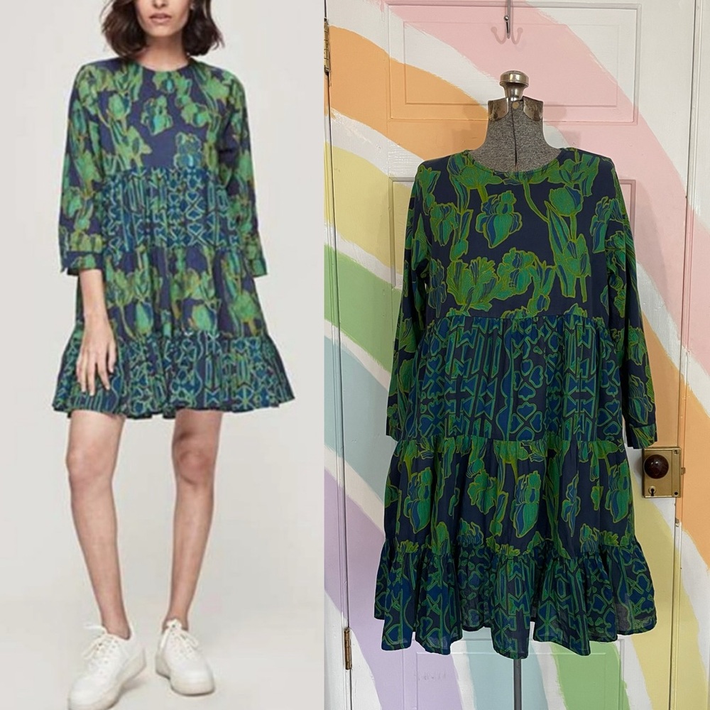 Ro's Garden Rene Tiered Navy Tulip Floral Cotton  Anthropologie Dress - Sz M 🧡🎀